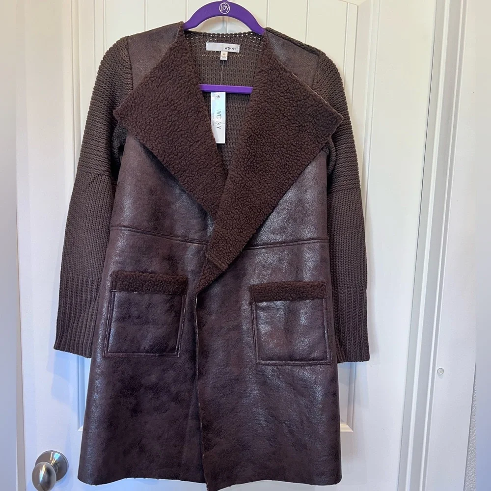 NWT Sweater Coat Pockets Faux Leather Sherpa Brown tones Sweater Back xs/sm